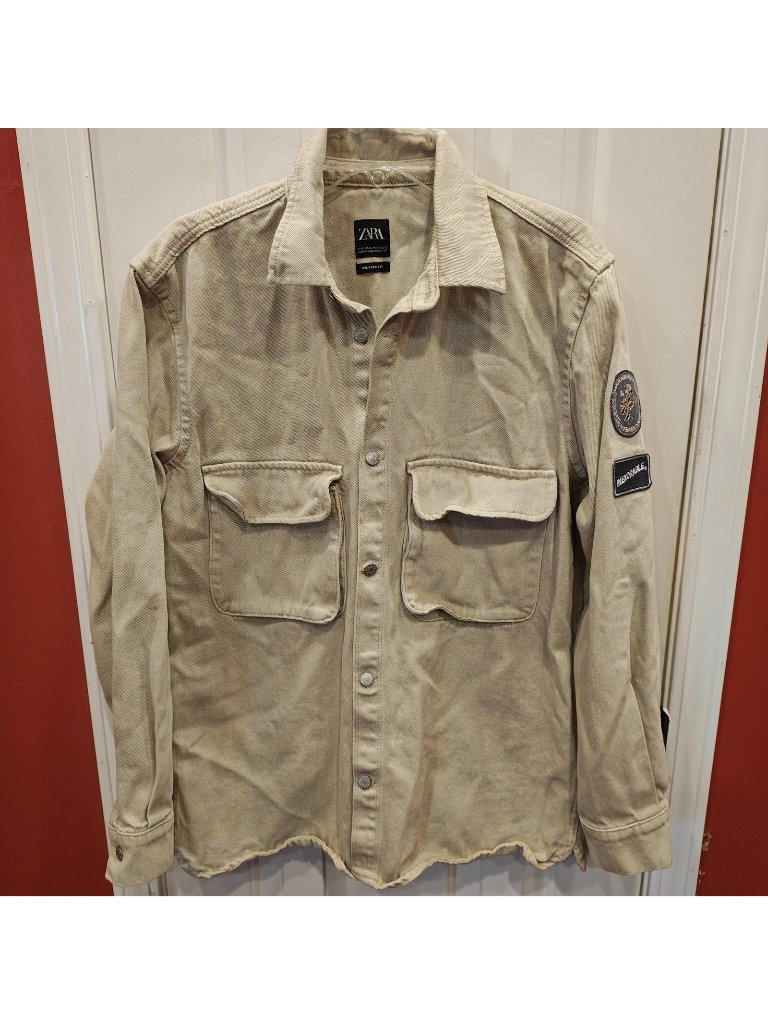 Zara Denimwear Military Jacket Mens L Beige Relaxed Fit Trucker Patches Heavy